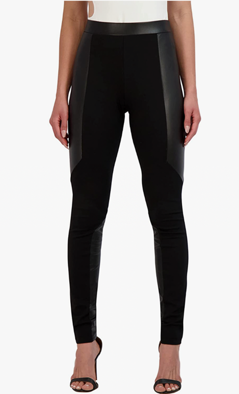 BCBGMAXAZRIA- Black Women's High Waisted Mixed Media Legging Skinny Silhouette Faux Leather Panel Pant