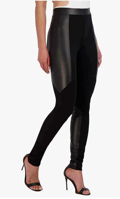 BCBGMAXAZRIA- Black Women's High Waisted Mixed Media Legging Skinny Silhouette Faux Leather Panel Pant