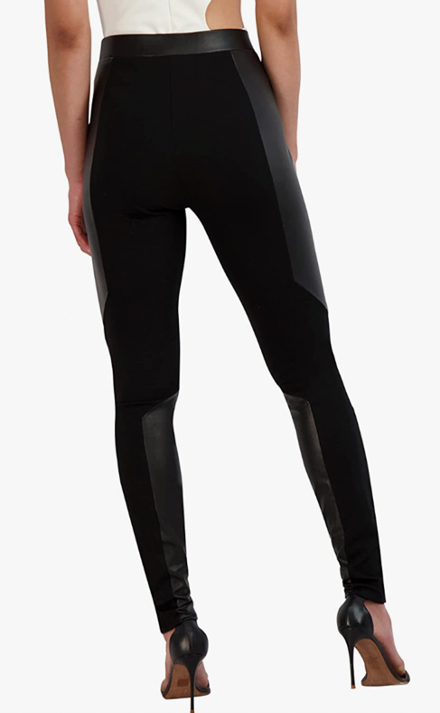 BCBGMAXAZRIA- Black Women's High Waisted Mixed Media Legging Skinny Silhouette Faux Leather Panel Pant
