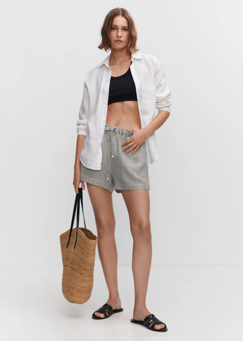Mango - Light Grey Linen Shorts with Drawstring
