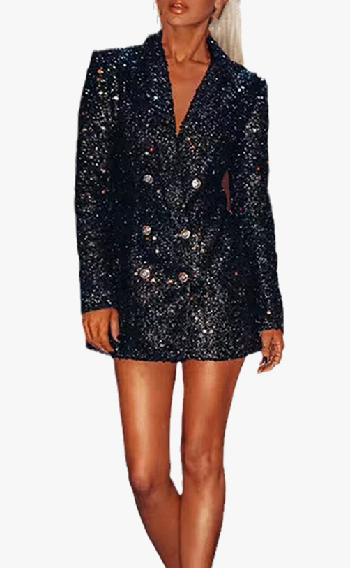 Zouyeeph - Black Sequined Long Party Blazer with Single Button Lapel