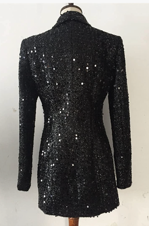 Zouyeeph - Black Sequined Long Party Blazer with Single Button Lapel